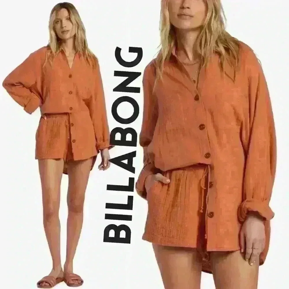 Nwt Matching Set Billabong Linen Button Down + Shorts